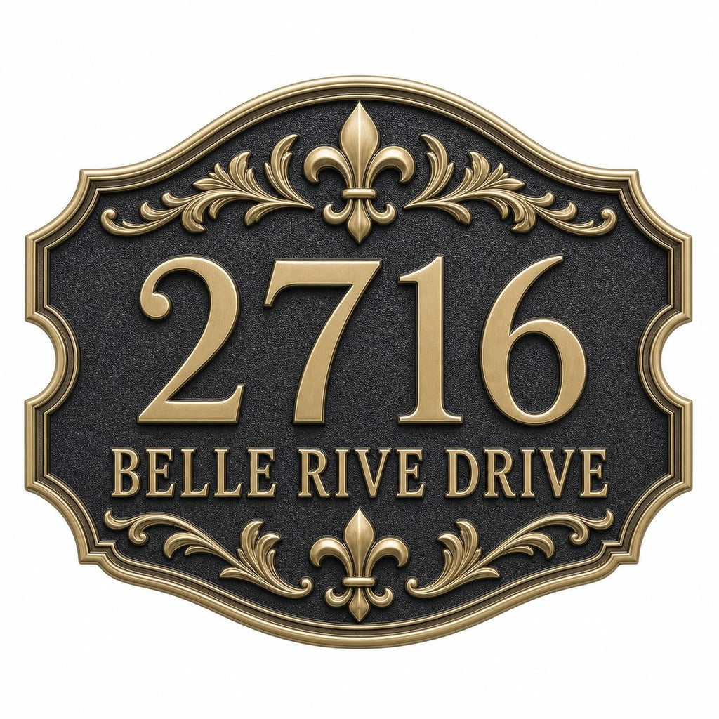Personalized Address Plaque – Antique Brass Fleur-de-Lis Cartouche-2