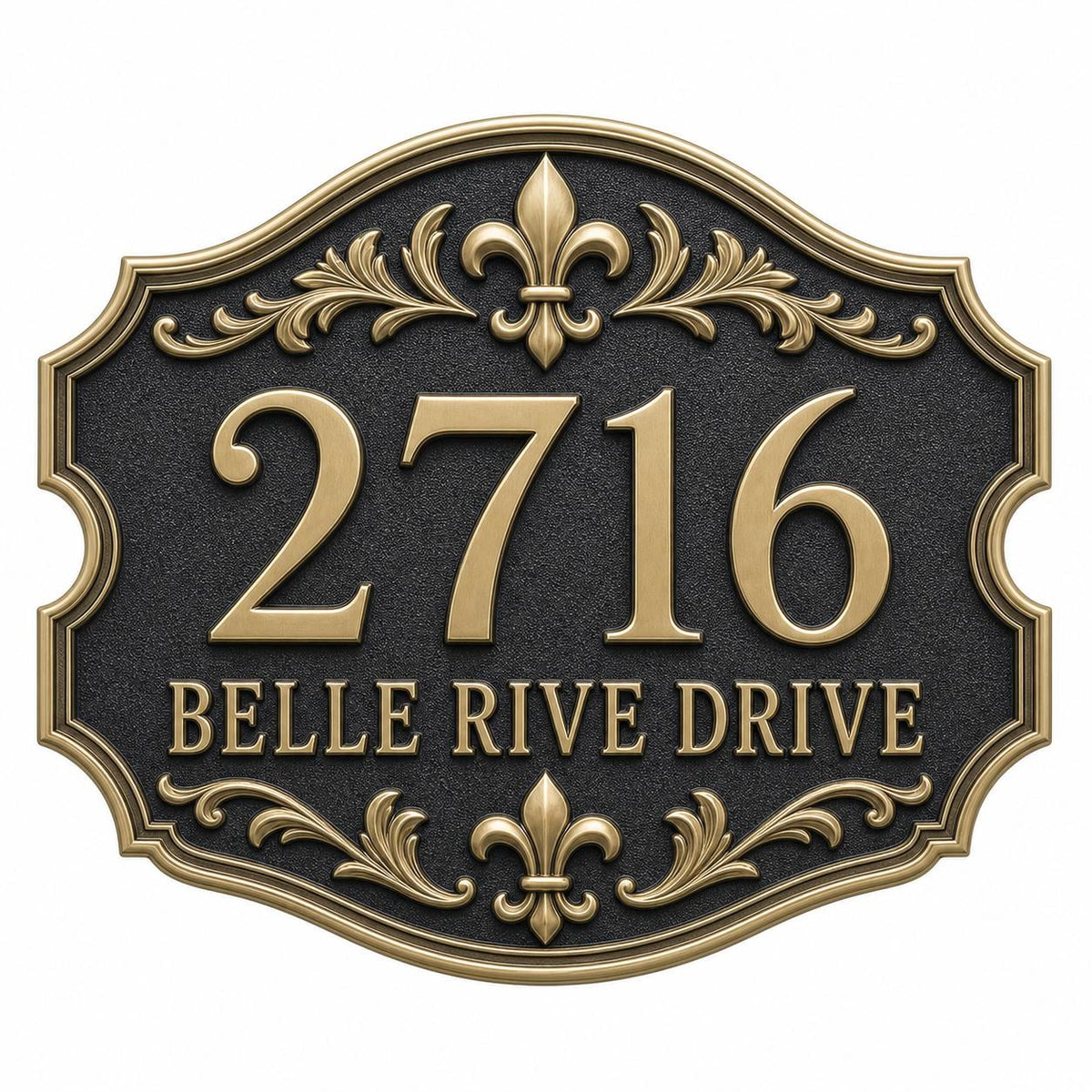 Personalized Address Plaque – Antique Brass Fleur-de-Lis Cartouche-2