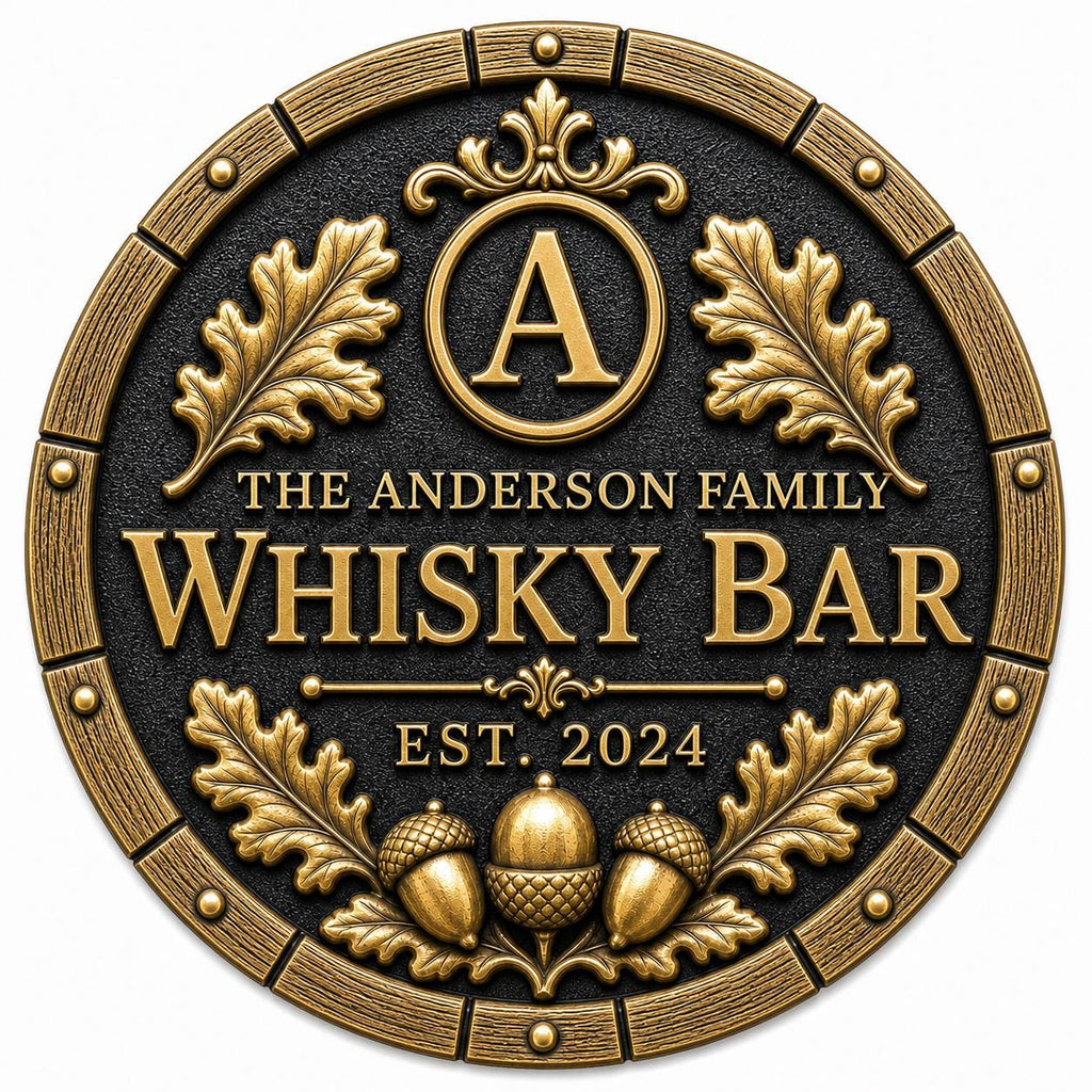 Personalized Home Bar Sign – Antique Brass Barrel End, Round-1