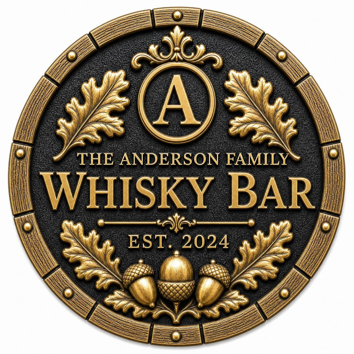 Personalized Home Bar Sign – Antique Brass Barrel End, Round-1