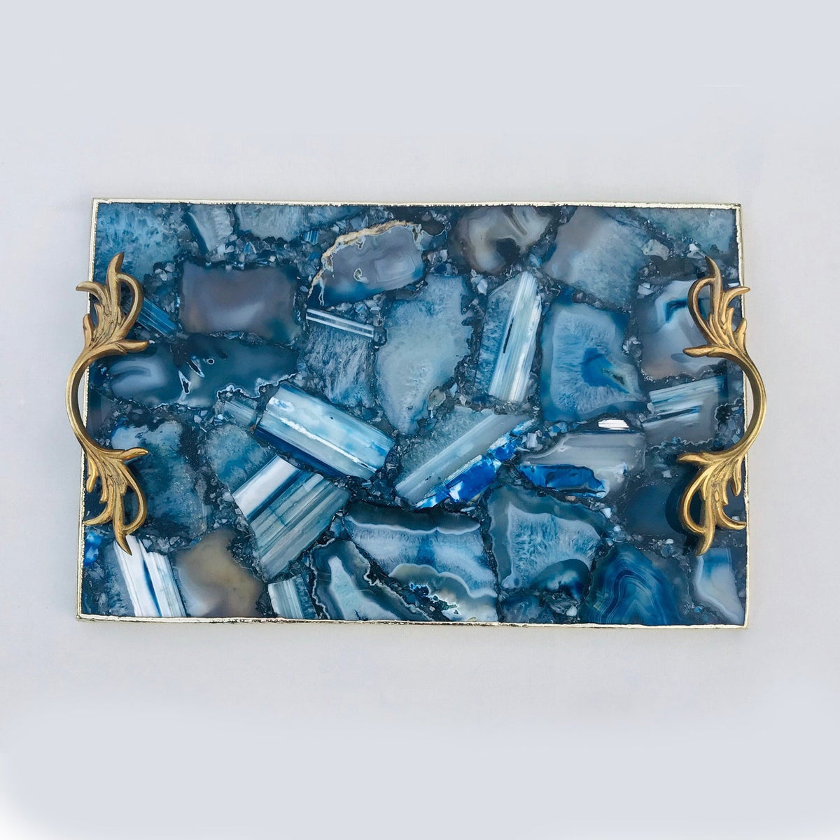 Blue Agate Serving Tray with Brass Handles-0