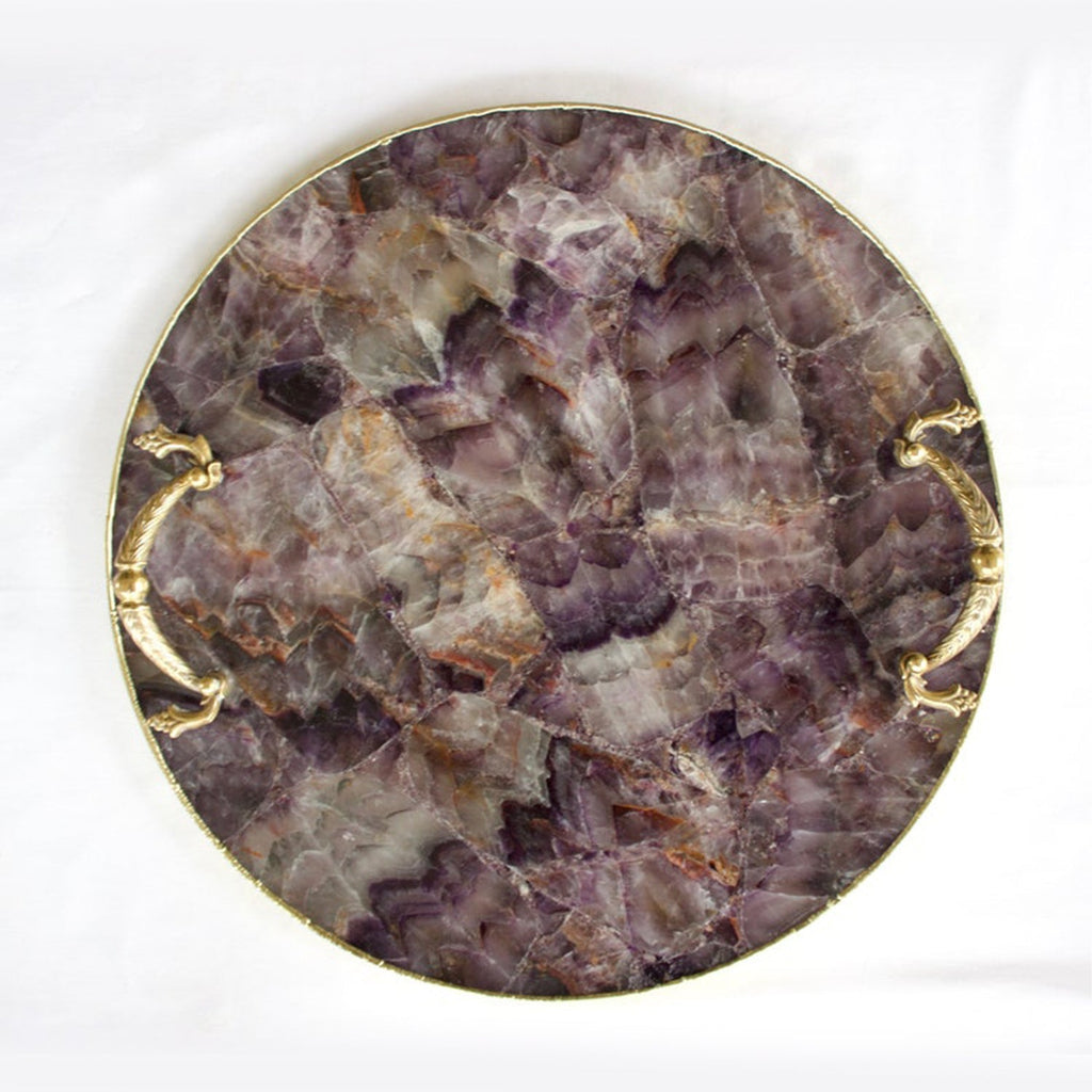 Amethyst Agate Round Serving Tray with Brass Handles