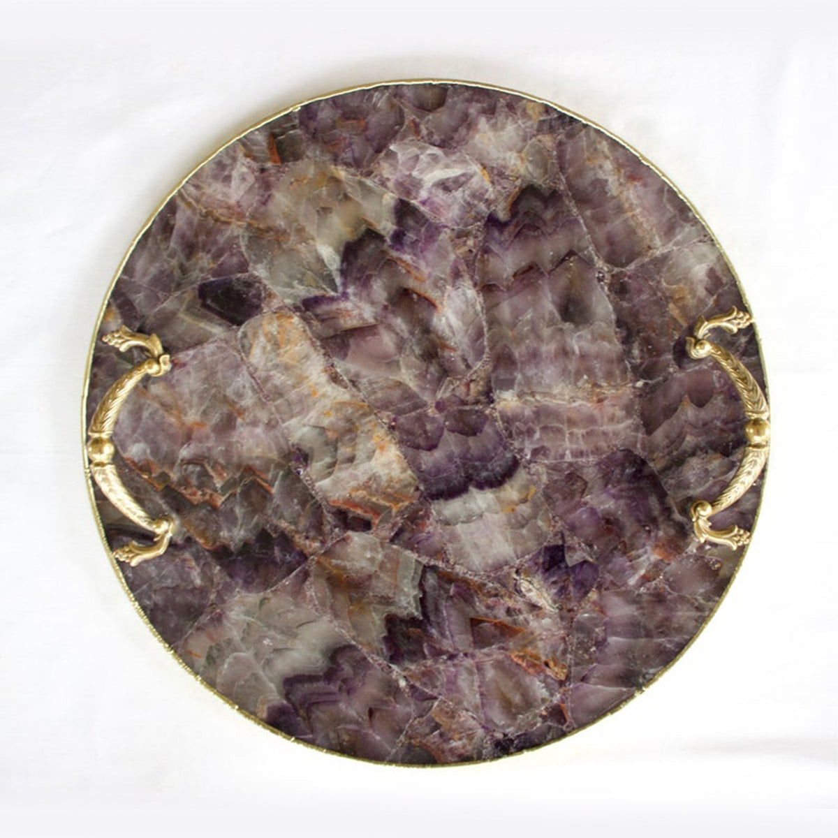Amethyst Agate Round Serving Tray with Brass Handles
