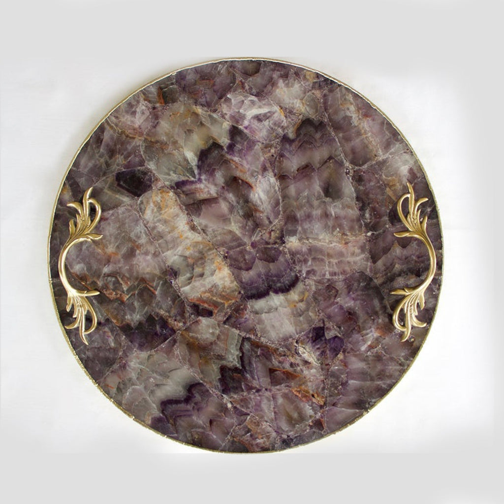 Amethyst Agate Round Serving Tray with Brass Handles