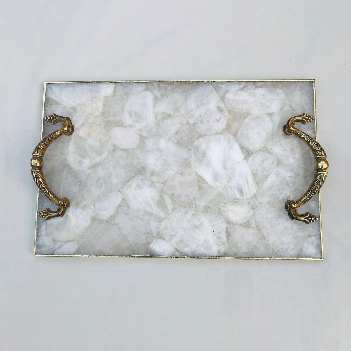 White Agate Serving Tray with Brass Handles-0
