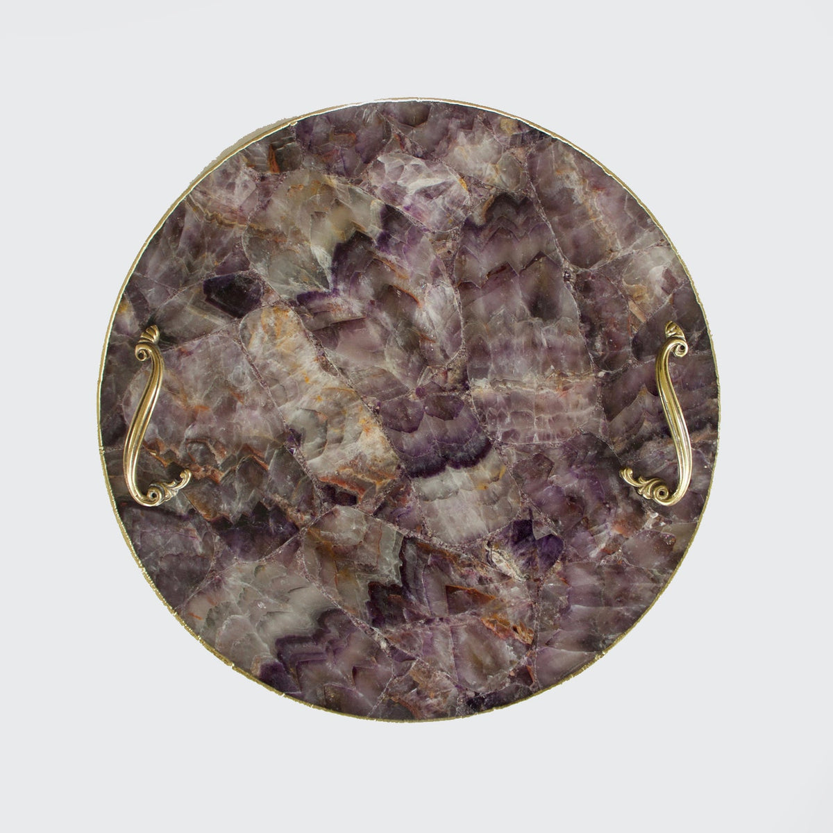 Amethyst Agate Round Serving Tray with Brass Handles