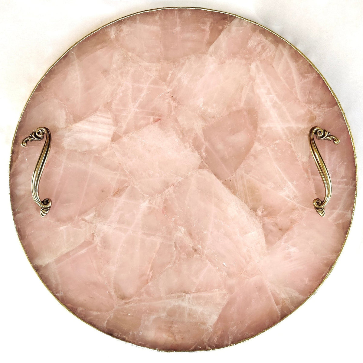 Rose Quartz Round Serving Tray with Brass Handles-0