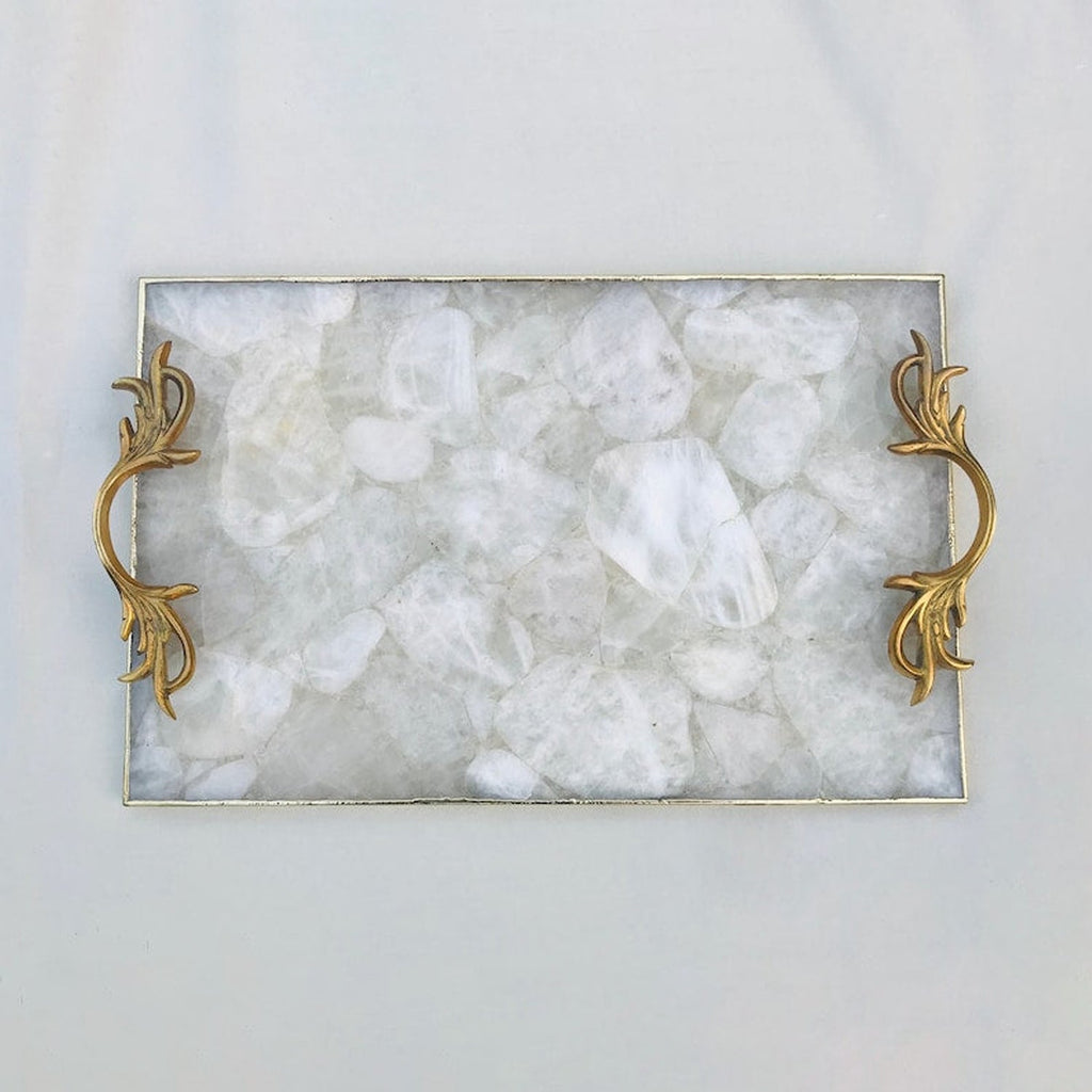 White Agate Serving Tray with Brass Handles-3