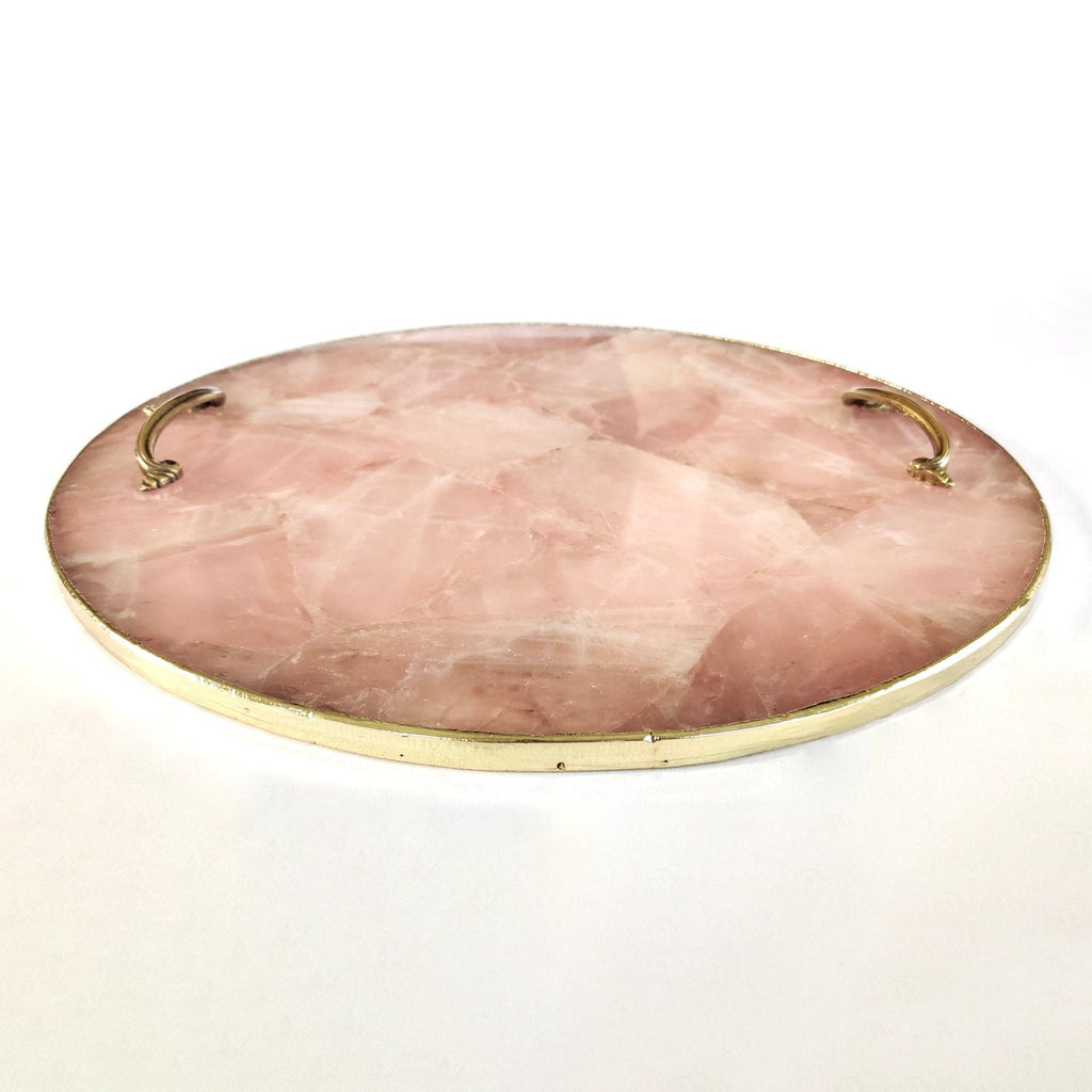 Rose Quartz Round Serving Tray with Brass Handles-1