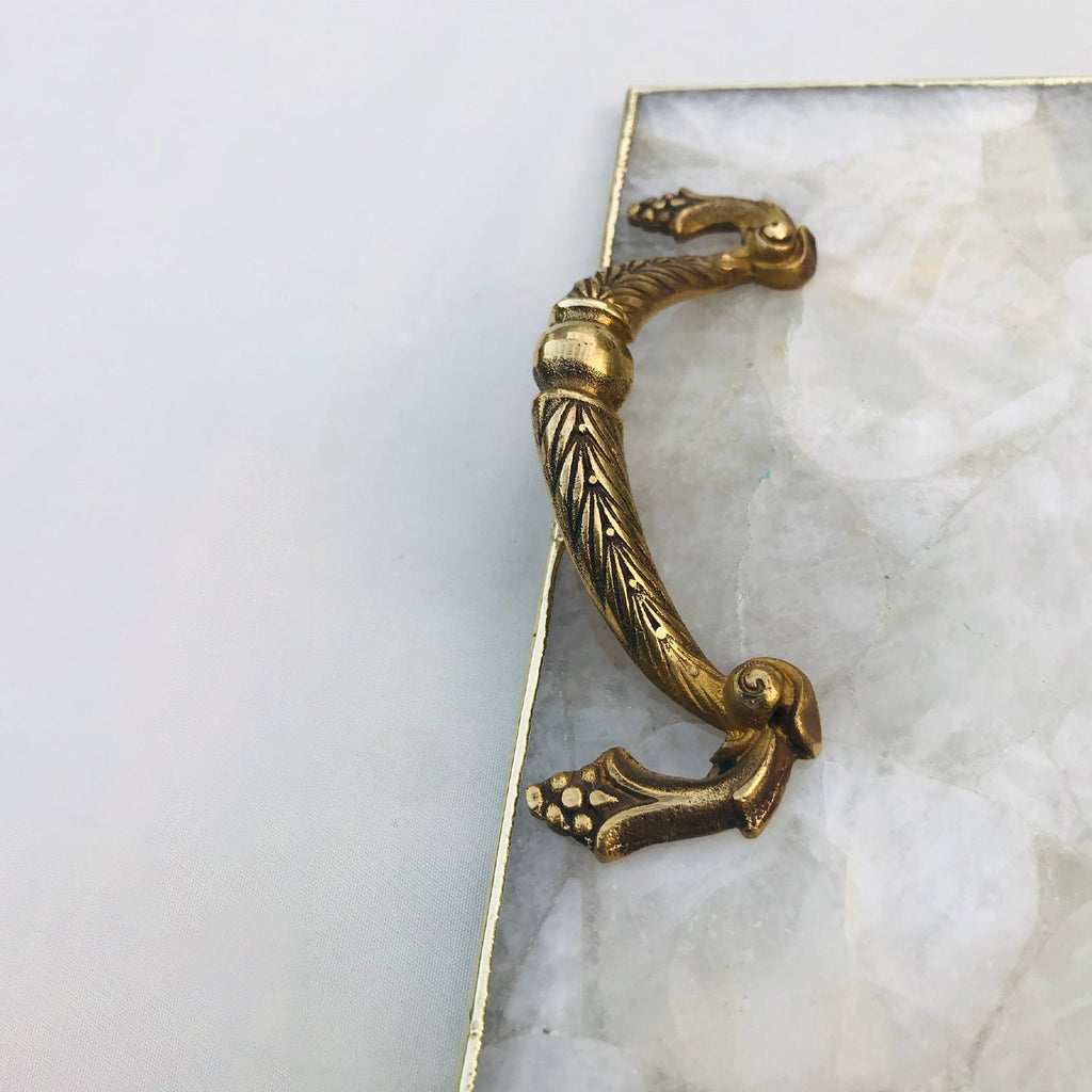 White Agate Serving Tray with Brass Handles-1