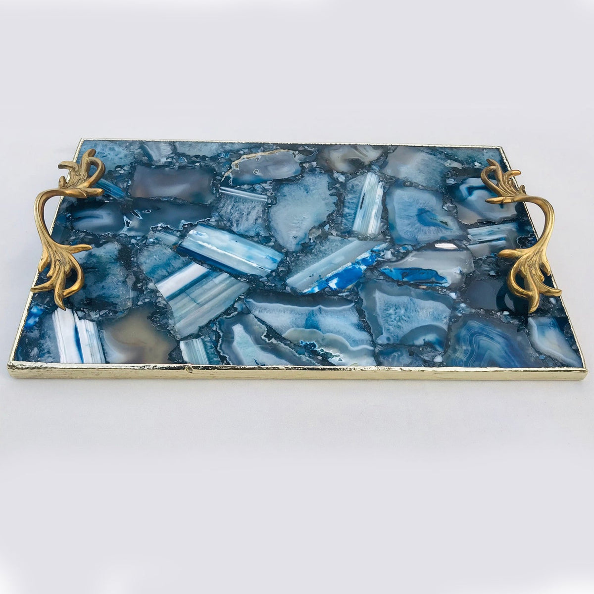 Blue Agate Serving Tray with Brass Handles-1