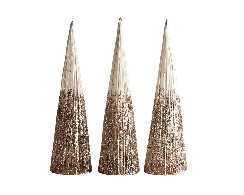 Set of 3 Champagne Glitter Christmas Trees – Elegant Table Decorations