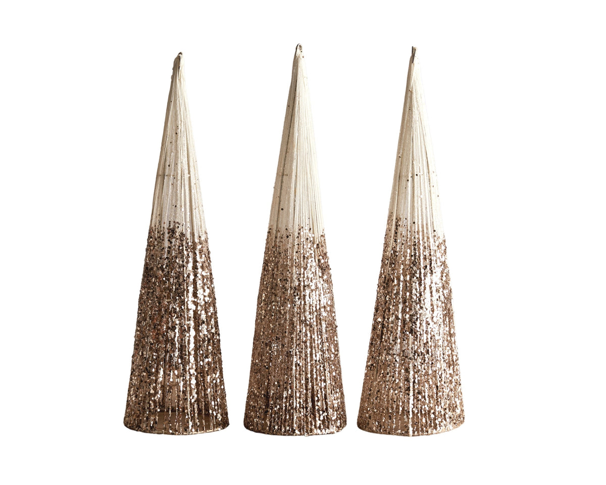 Set of 3 Champagne Glitter Christmas Trees – Elegant Table Decorations
