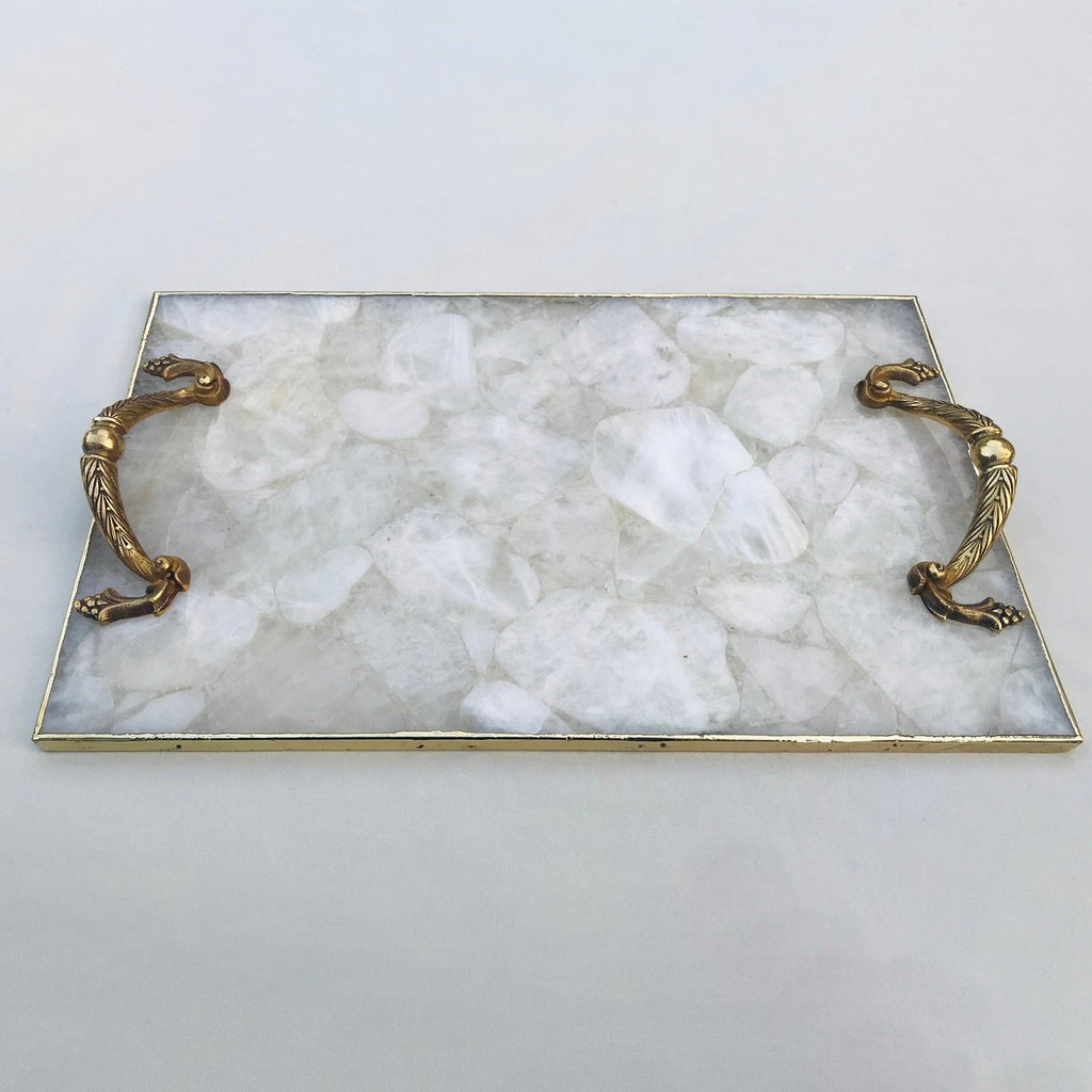 White Agate Serving Tray with Brass Handles-2