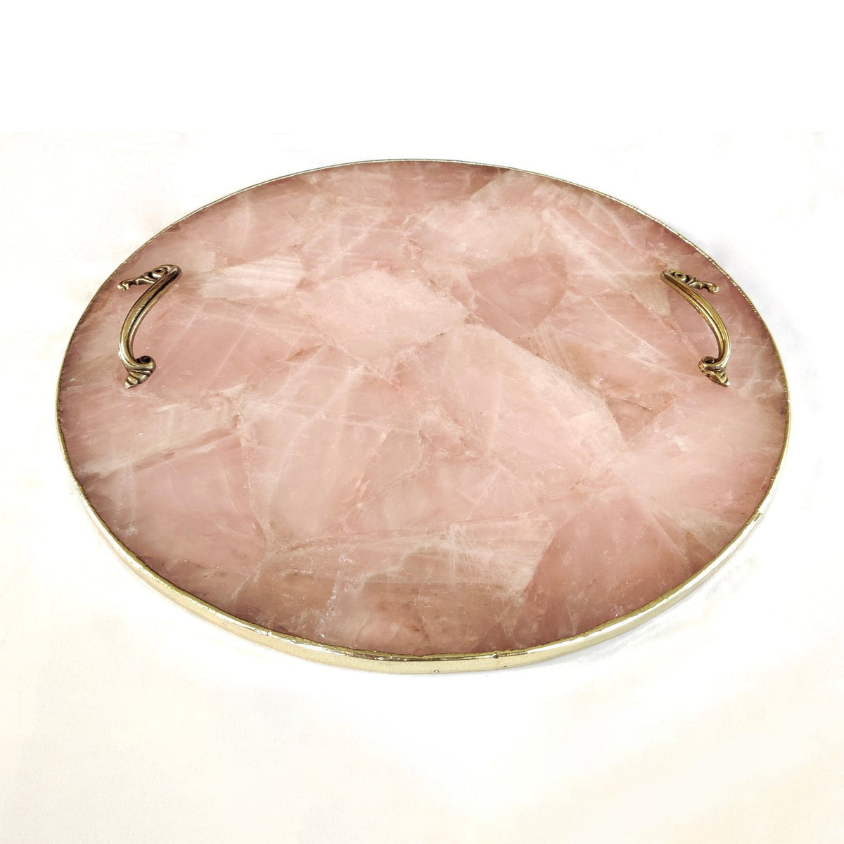 Rose Quartz Round Serving Tray with Brass Handles-2