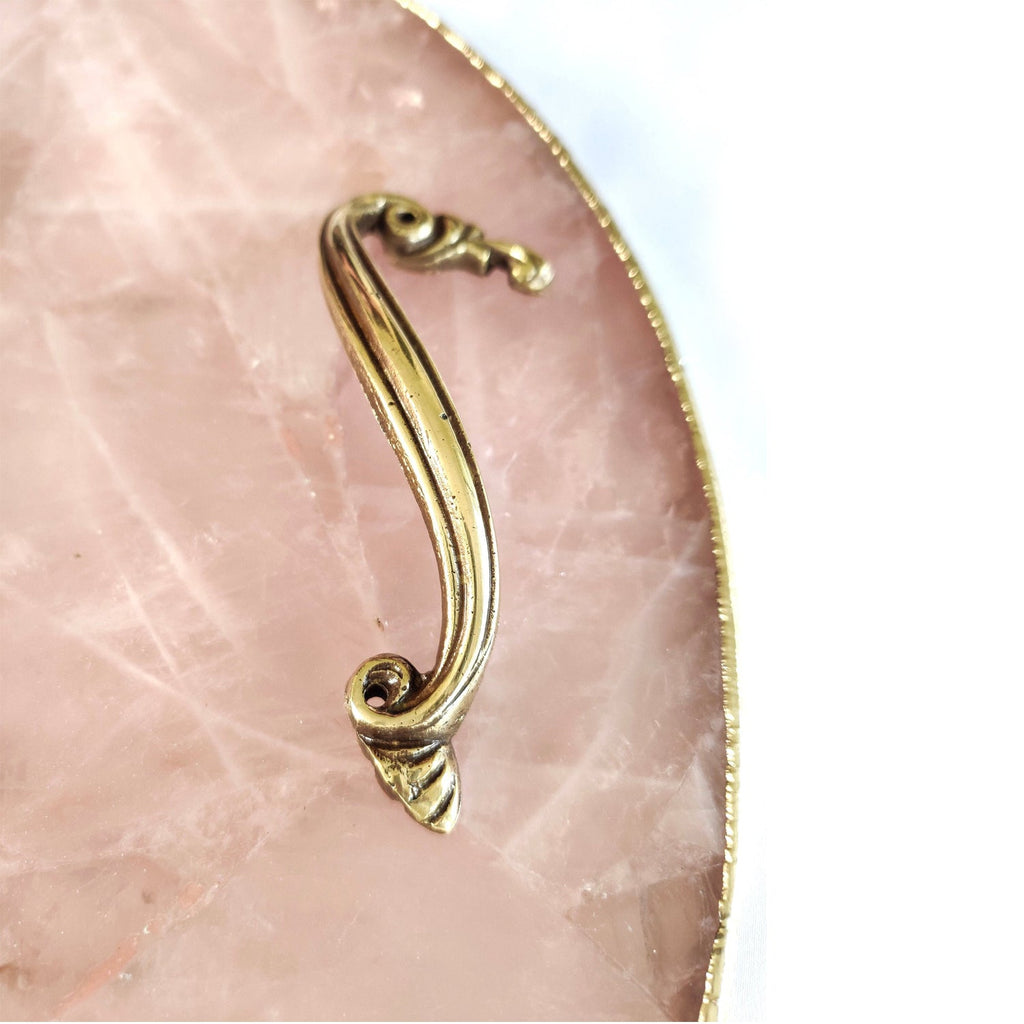 Rose Quartz Round Serving Tray with Brass Handles-3