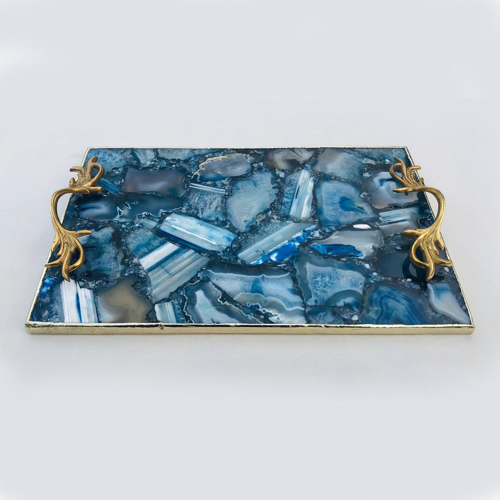 Blue Agate Serving Tray with Brass Handles-3