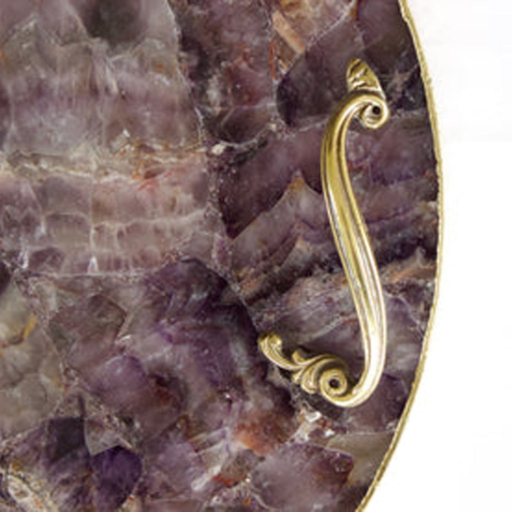 Amethyst Agate Round Serving Tray with Brass Handles