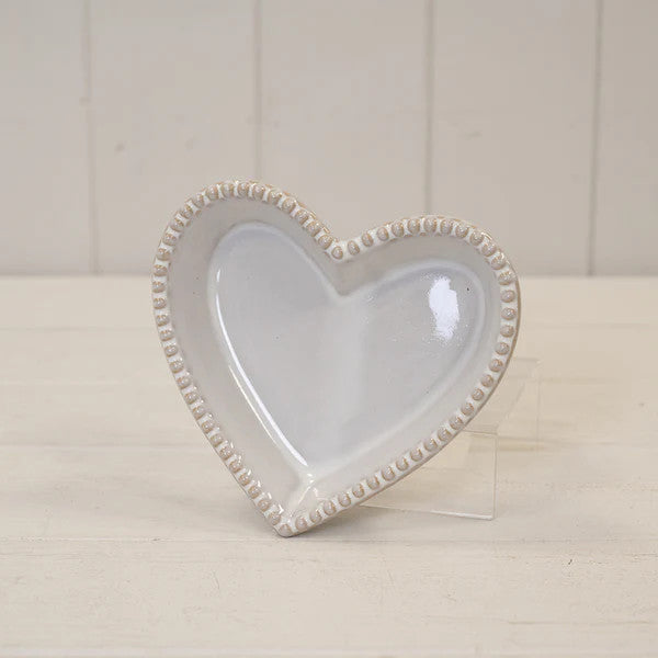 Natural Ceramic Heart Shaped Plate With Bobble Rim Small 13.5cm X 12.2cm X2.8cm