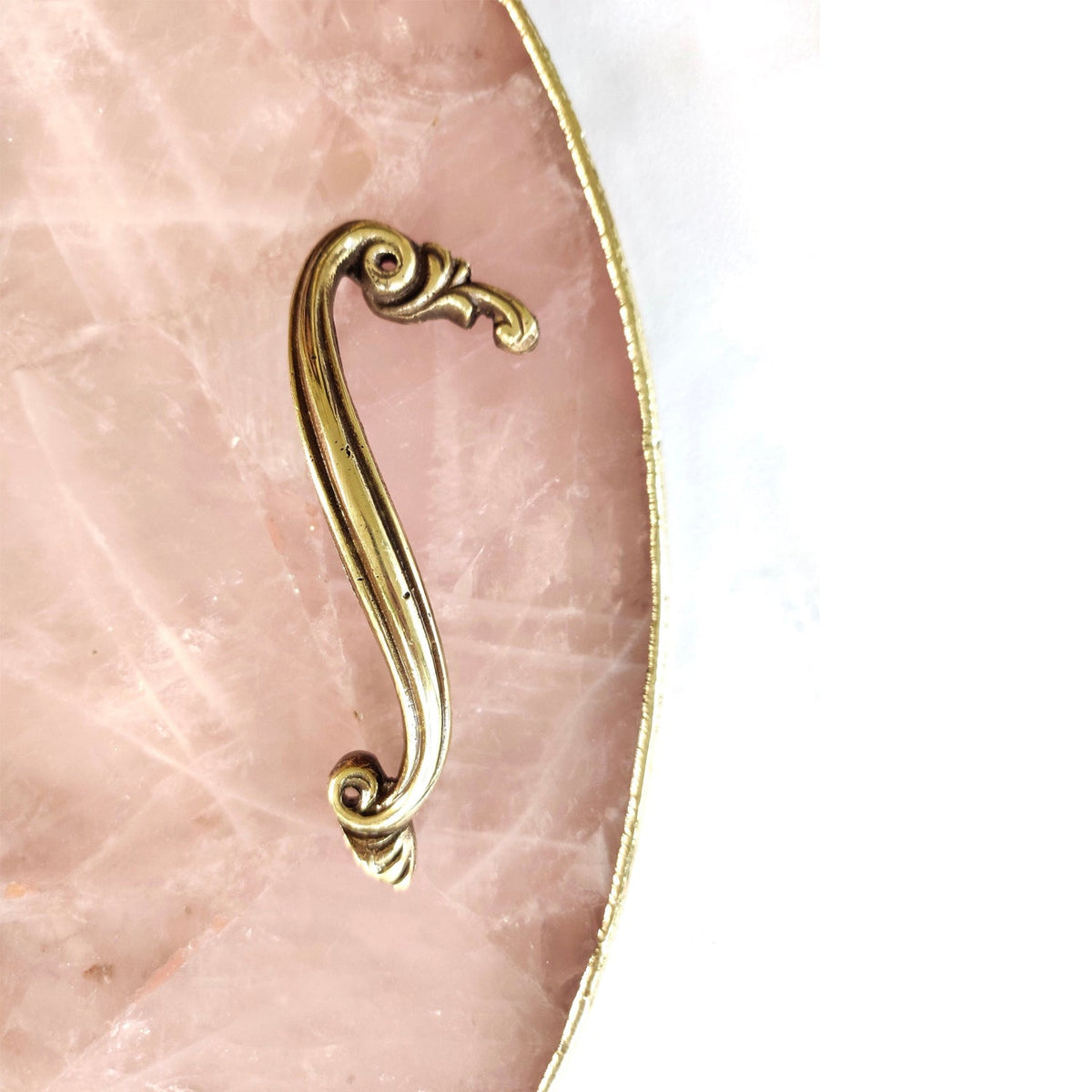 Rose Quartz Round Serving Tray with Brass Handles-4