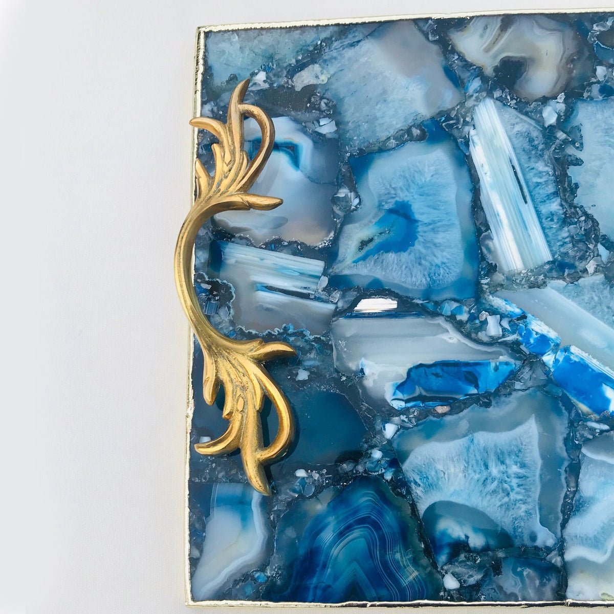 Blue Agate Serving Tray with Brass Handles-4
