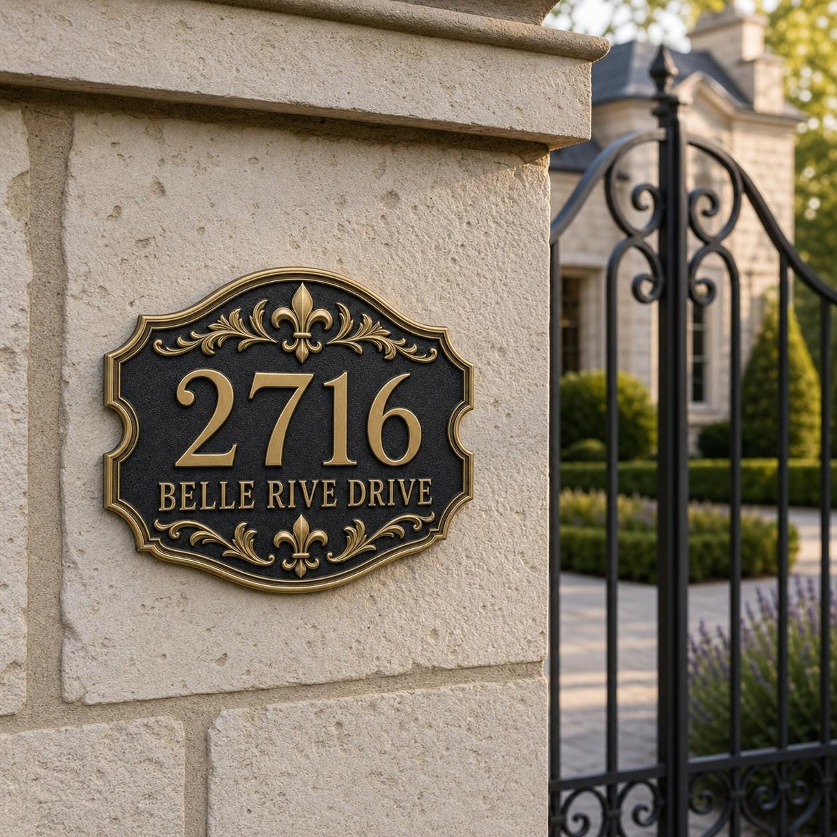 Personalized Address Plaque – Antique Brass Fleur-de-Lis Cartouche-0