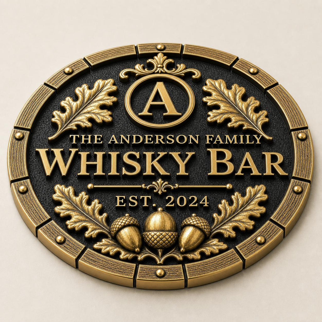 Personalized Home Bar Sign – Antique Brass Barrel End, Round-2
