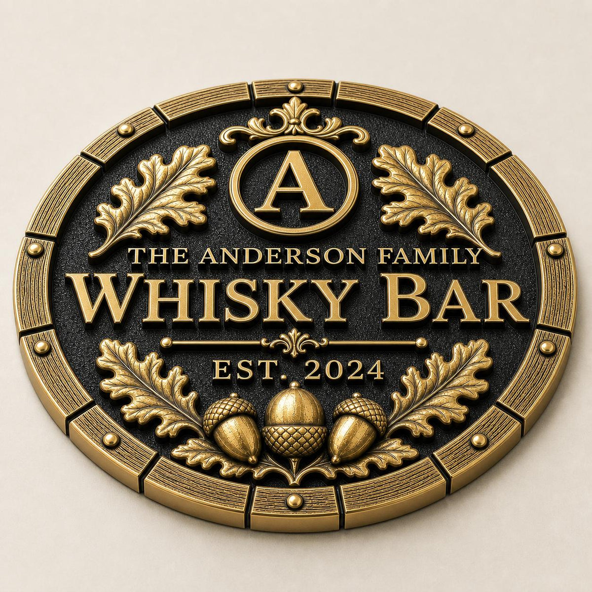 Personalized Home Bar Sign – Antique Brass Barrel End, Round-2