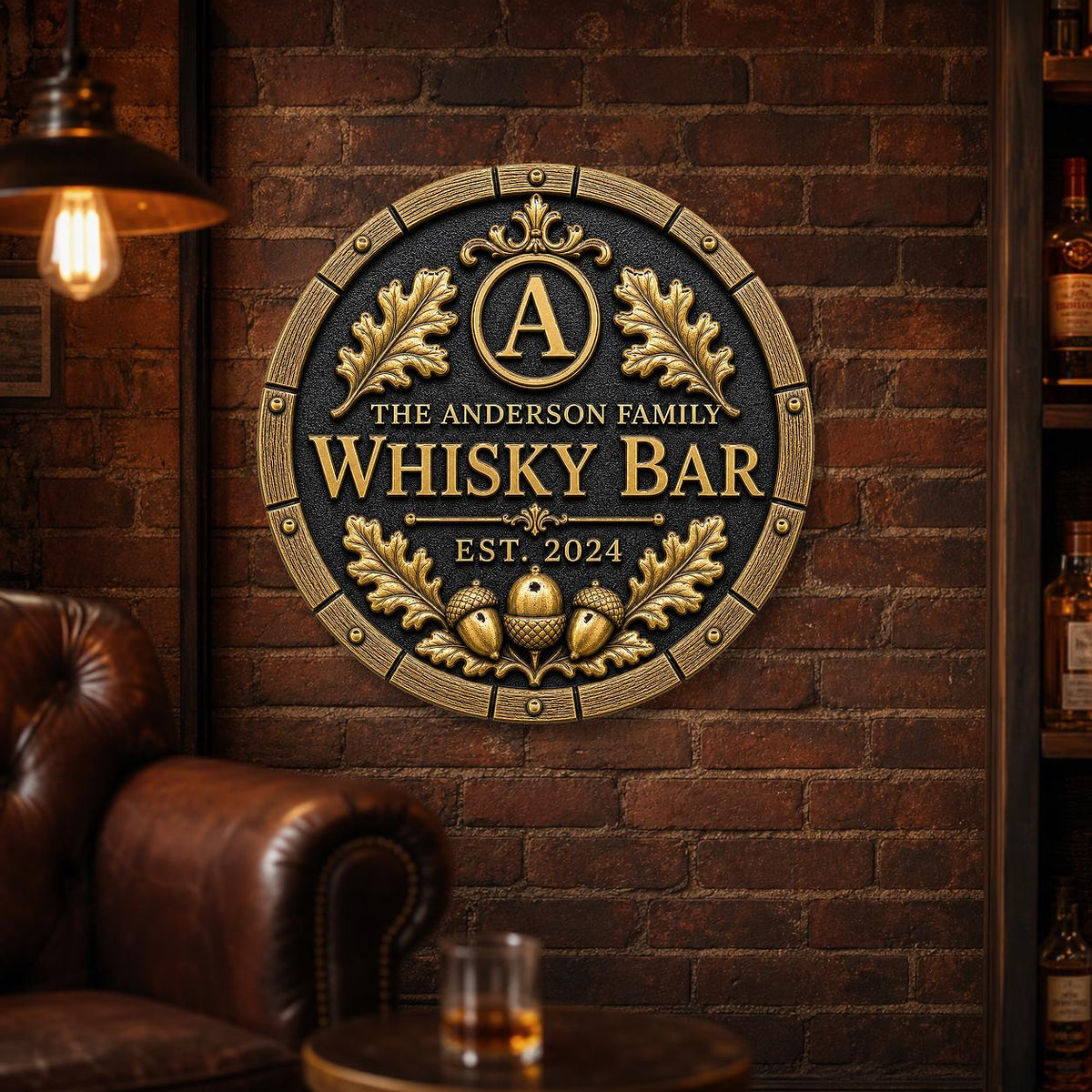 Personalized Home Bar Sign – Antique Brass Barrel End, Round-3