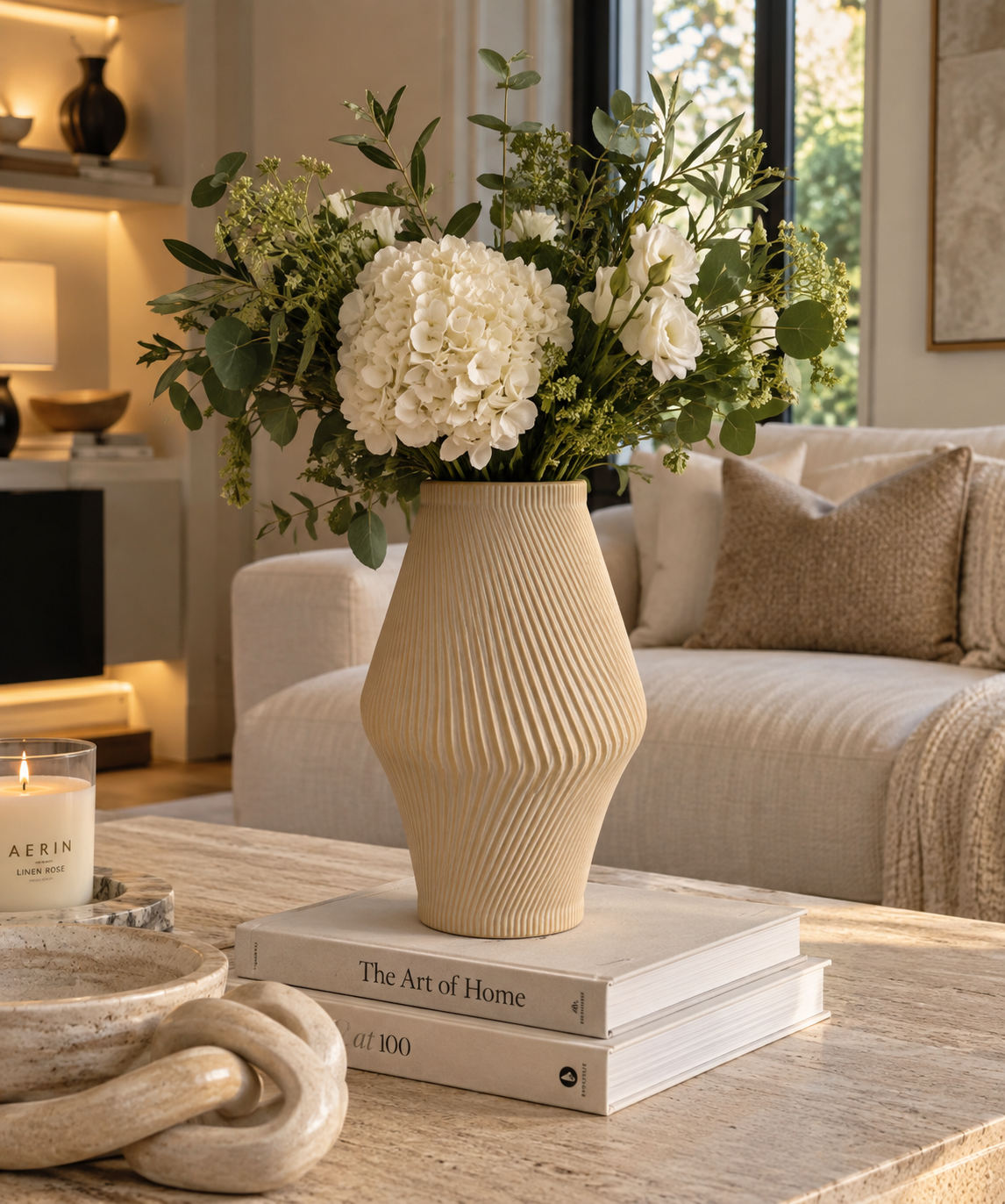 Modern Tan Sculptural Ribbed Vase.