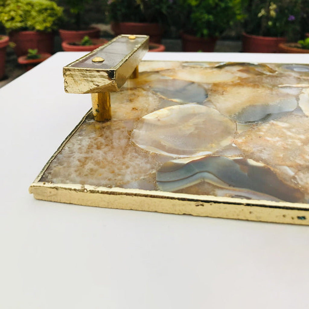 Brown Agate Serving Tray with Clear Quartz Handles