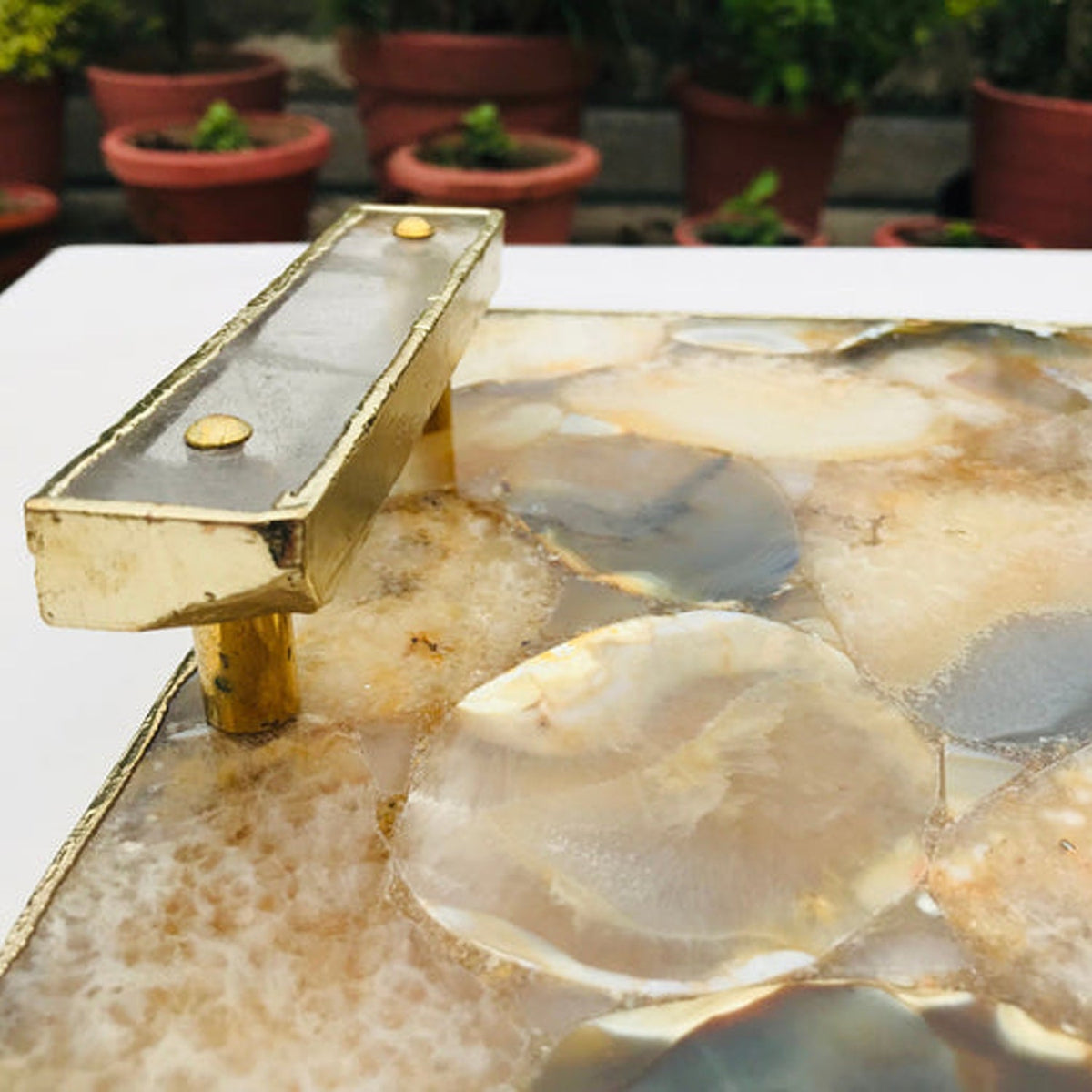 Brown Agate Serving Tray with Clear Quartz Handles