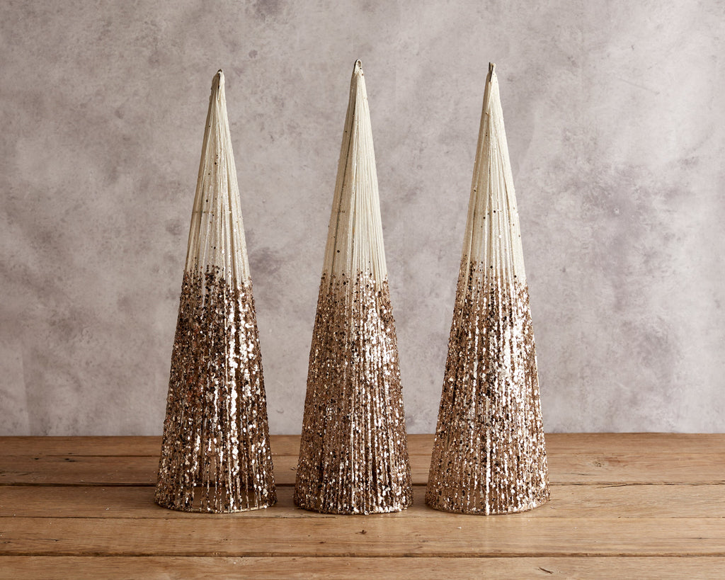 Set of 3 Champagne Glitter Christmas Trees – Elegant Table Decorations