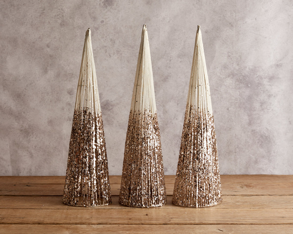 Set of 3 Champagne Glitter Christmas Trees – Elegant Table Decorations