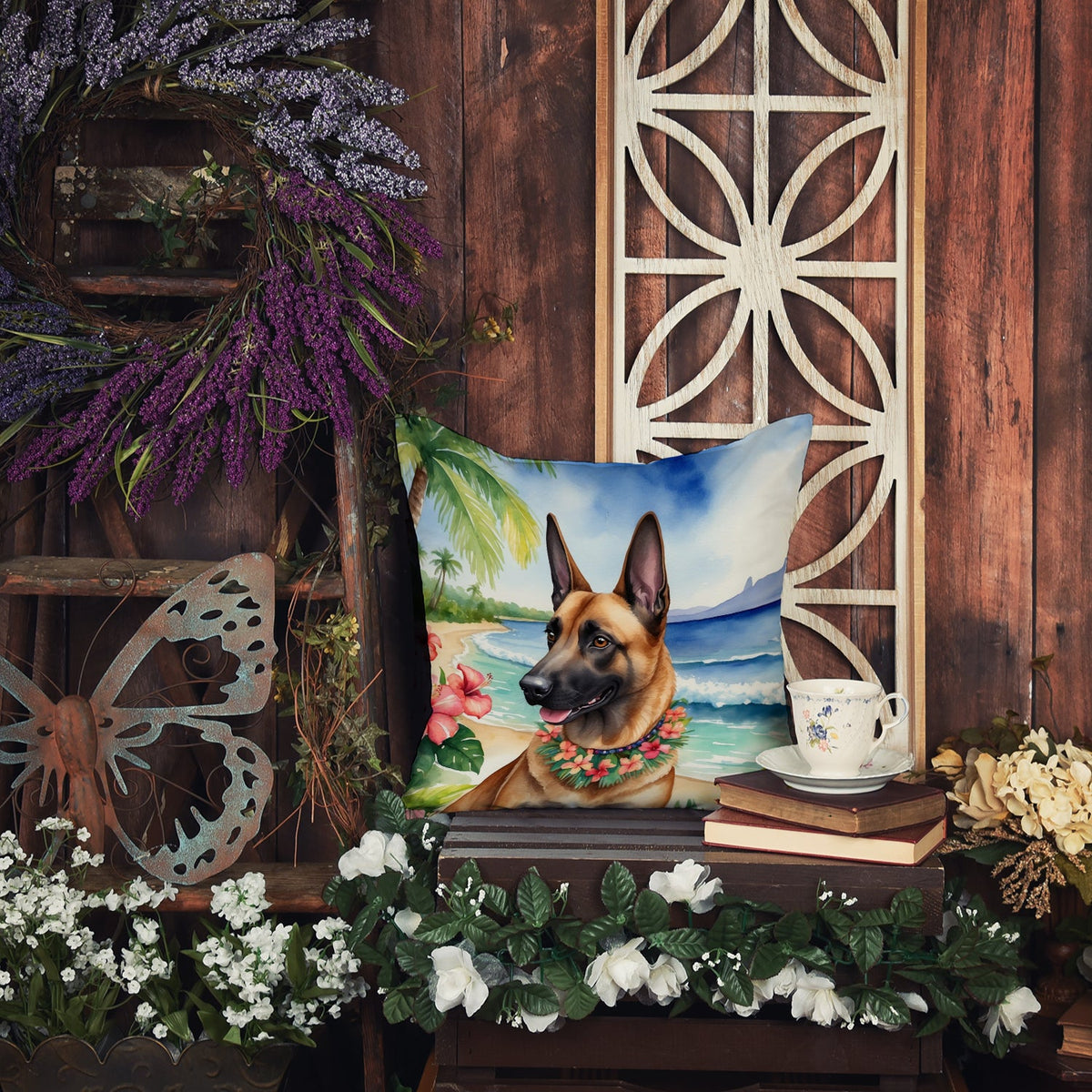 Belgian Malinois Luau Throw Pillow-3