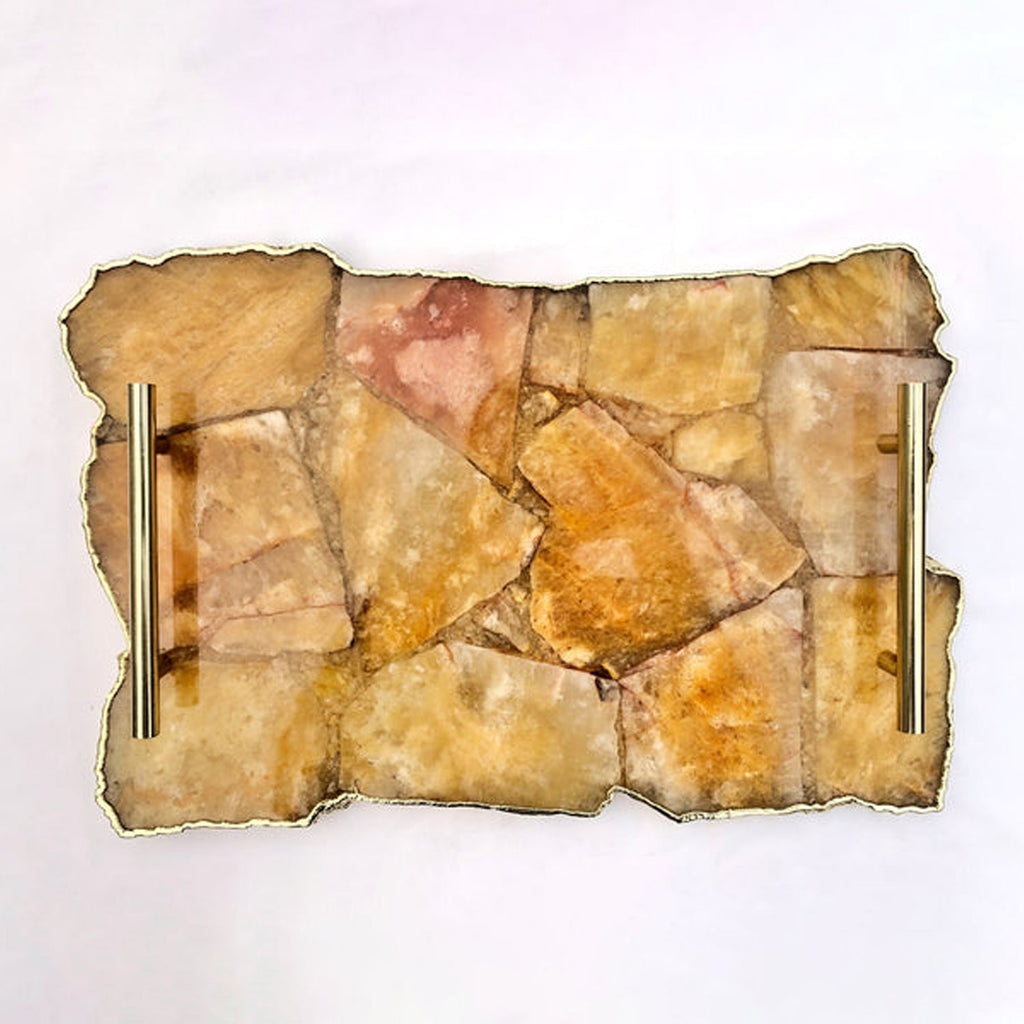 Large Golden Brown Agate Serving Tray with Plain Modern Brass Handles 10" x 15"
