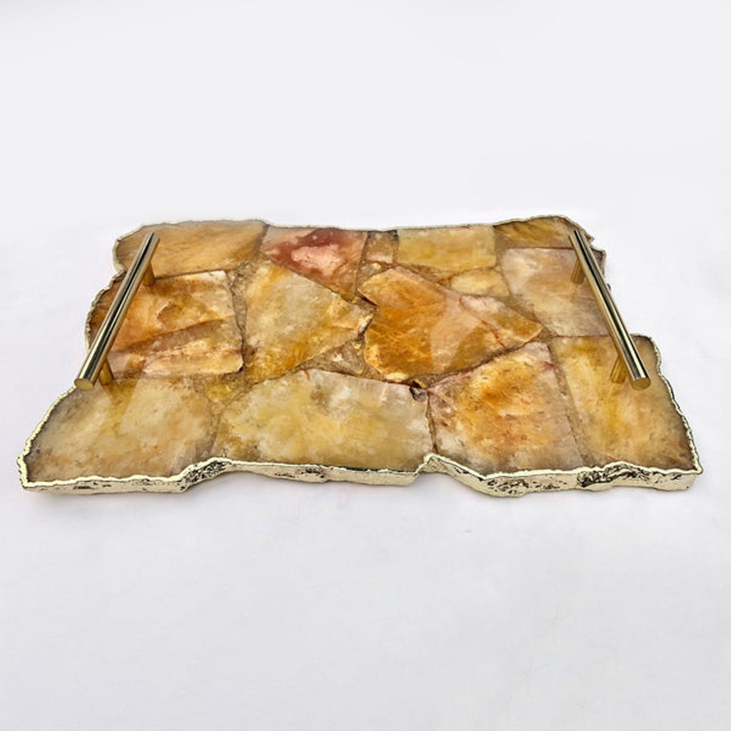 Large Golden Brown Agate Serving Tray with Plain Modern Brass Handles 10" x 15"