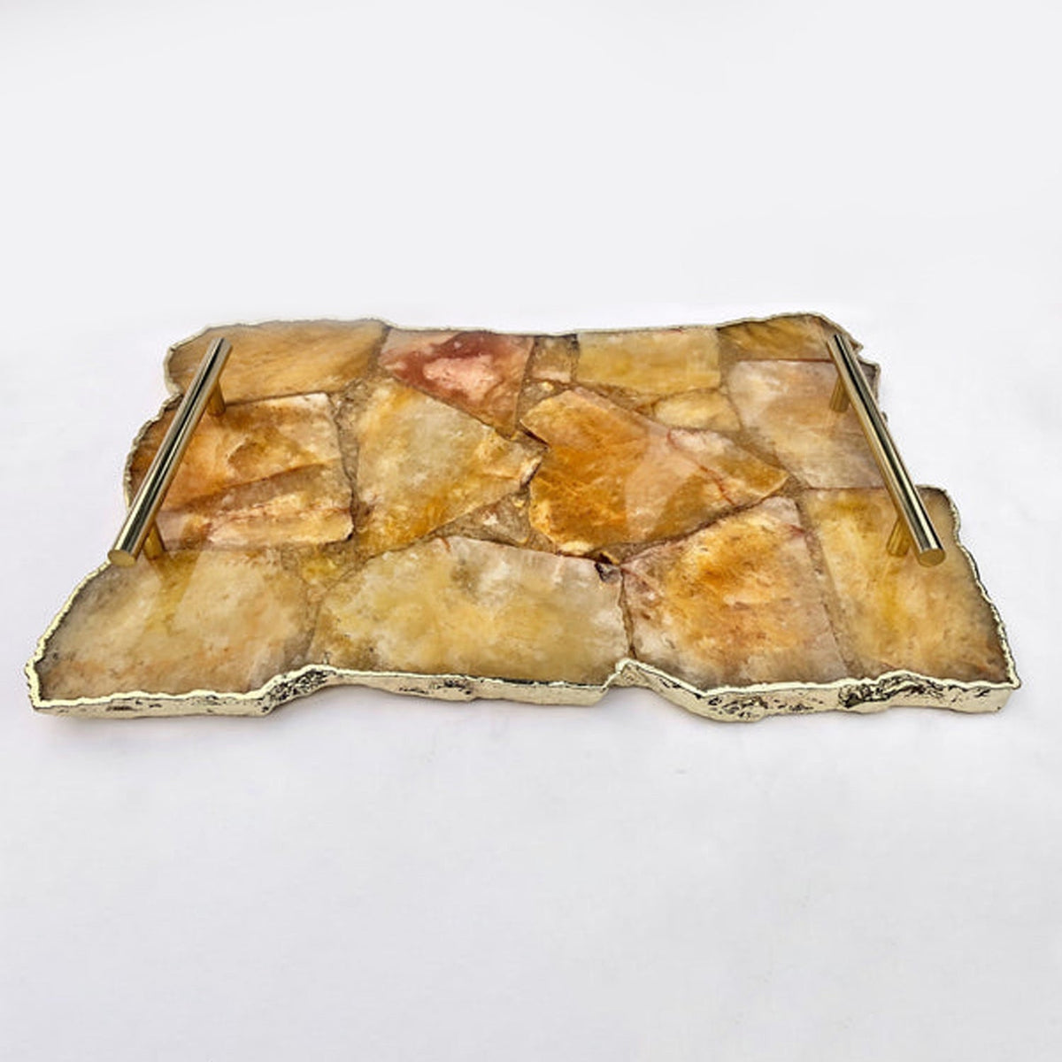 Large Golden Brown Agate Serving Tray with Plain Modern Brass Handles 10" x 15"