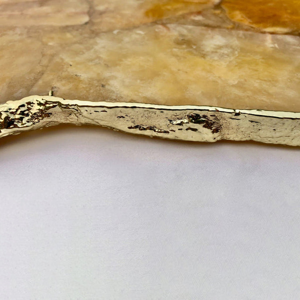 Large Golden Brown Agate Serving Tray with Plain Modern Brass Handles 10" x 15"