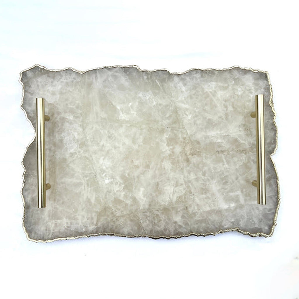 Large White Agate Serving Tray With Brass Handles 10"x15"