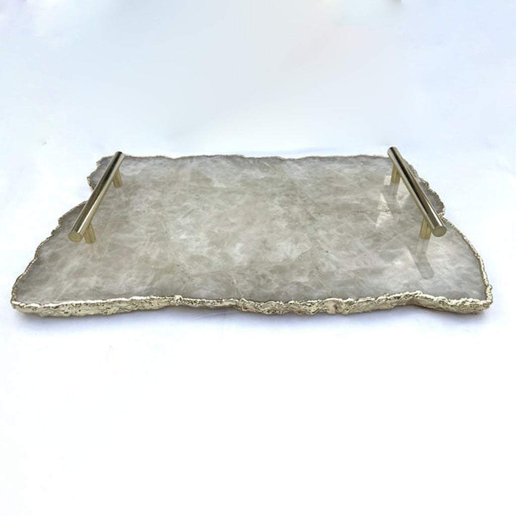 Large White Agate Serving Tray With Brass Handles 10"x15"