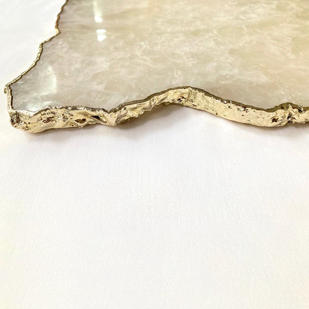 Large White Agate Serving Tray With Brass Handles 10"x15"