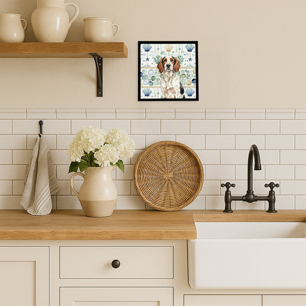 Tricolor English Setter Coastal Sea Glass Framed Metal Print-1