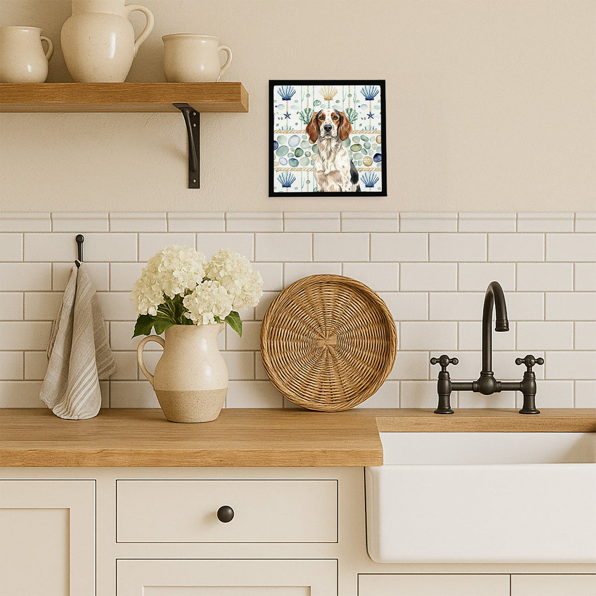 Tricolor English Setter Coastal Sea Glass Framed Metal Print-1