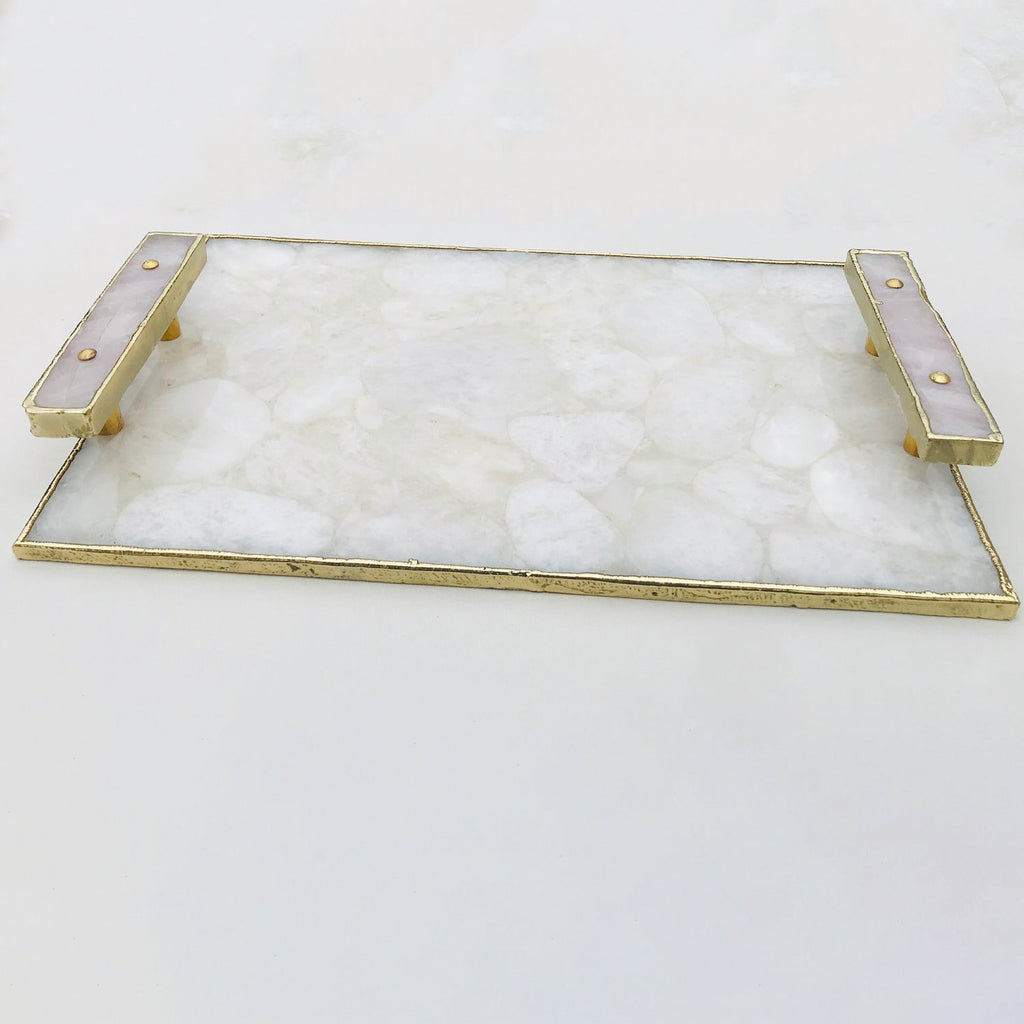 White Crystal Agate Serving Tray with Clear Quartz Handles-0