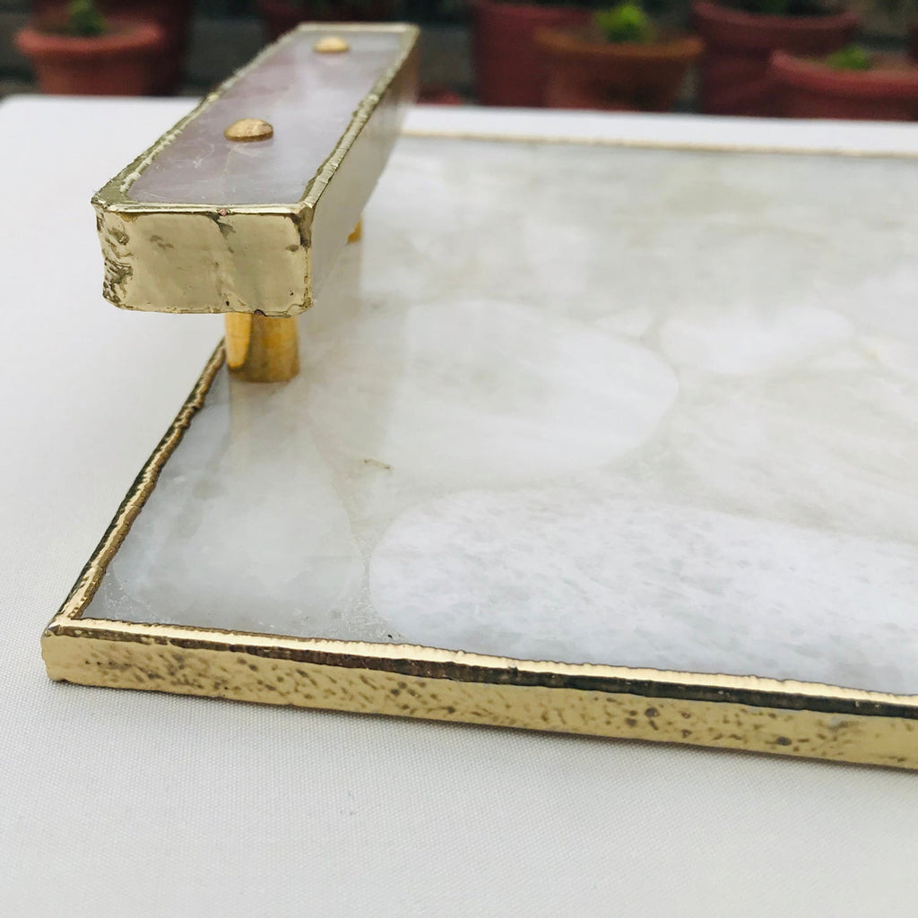 White Crystal Agate Serving Tray with Clear Quartz Handles-1