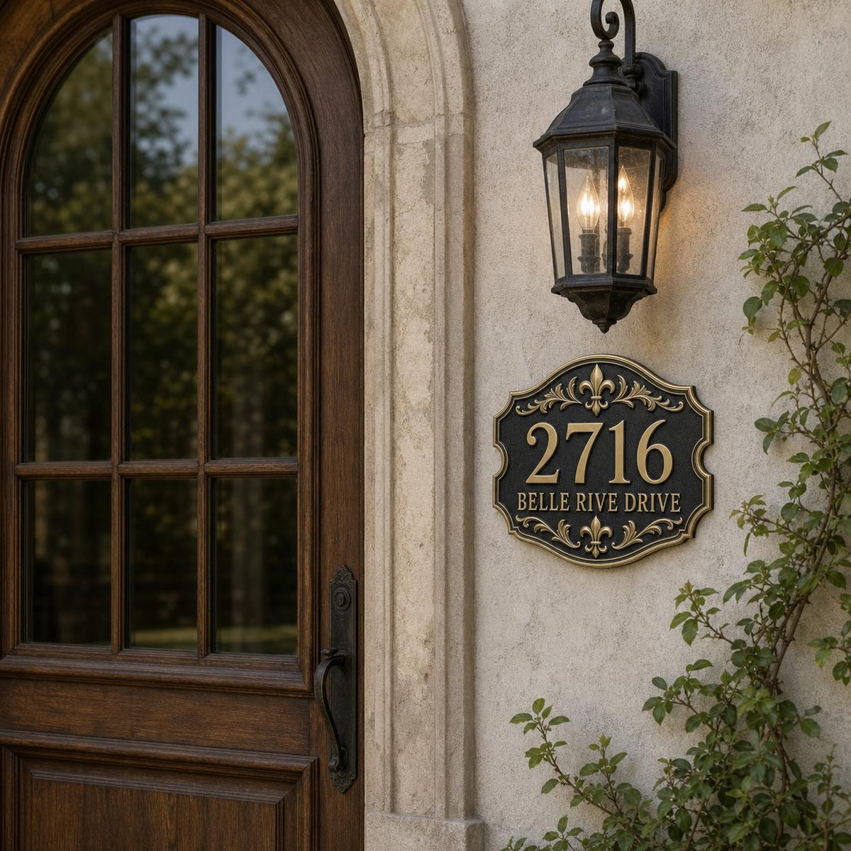 Personalized Address Plaque – Antique Brass Fleur-de-Lis Cartouche-3