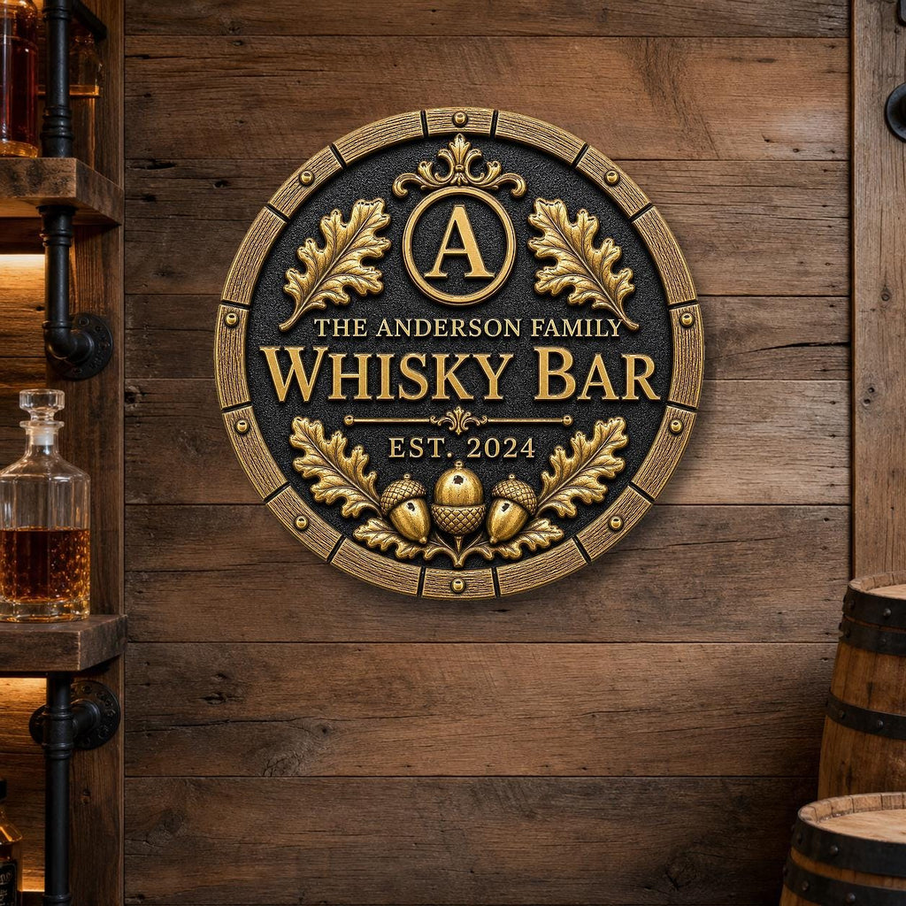 Personalized Home Bar Sign – Antique Brass Barrel End, Round-0