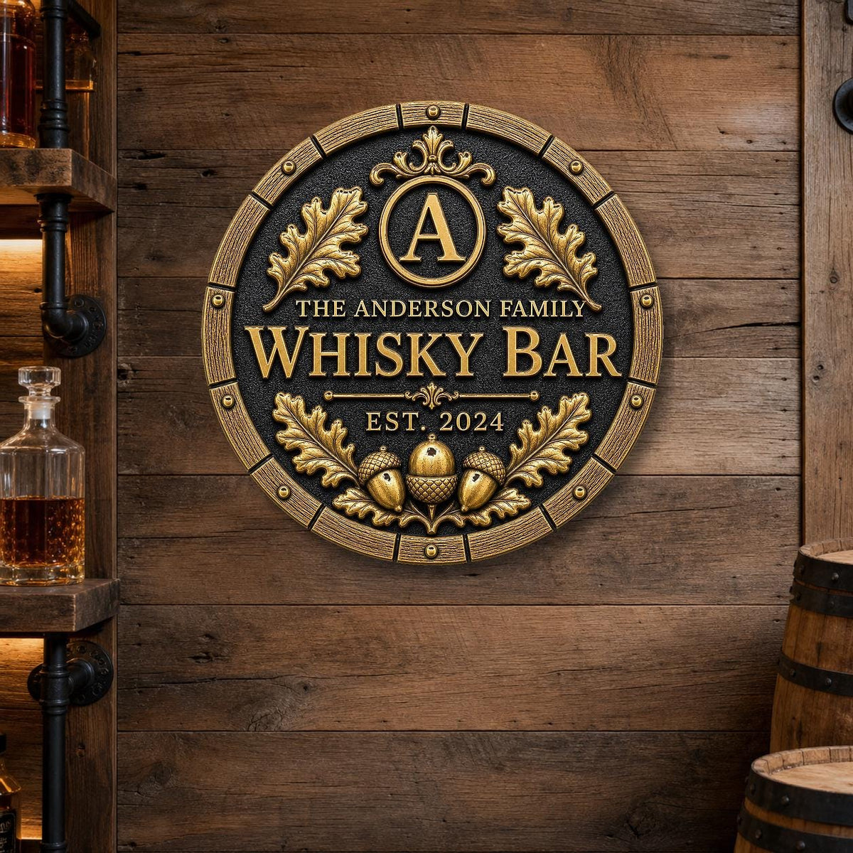 Personalized Home Bar Sign – Antique Brass Barrel End, Round-0