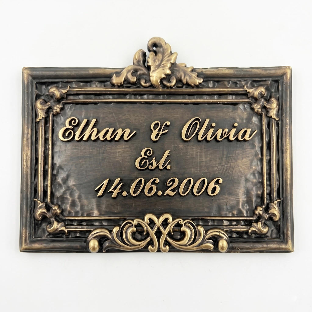Personalized Wedding Plaque – Antique Brass Names & Date-0